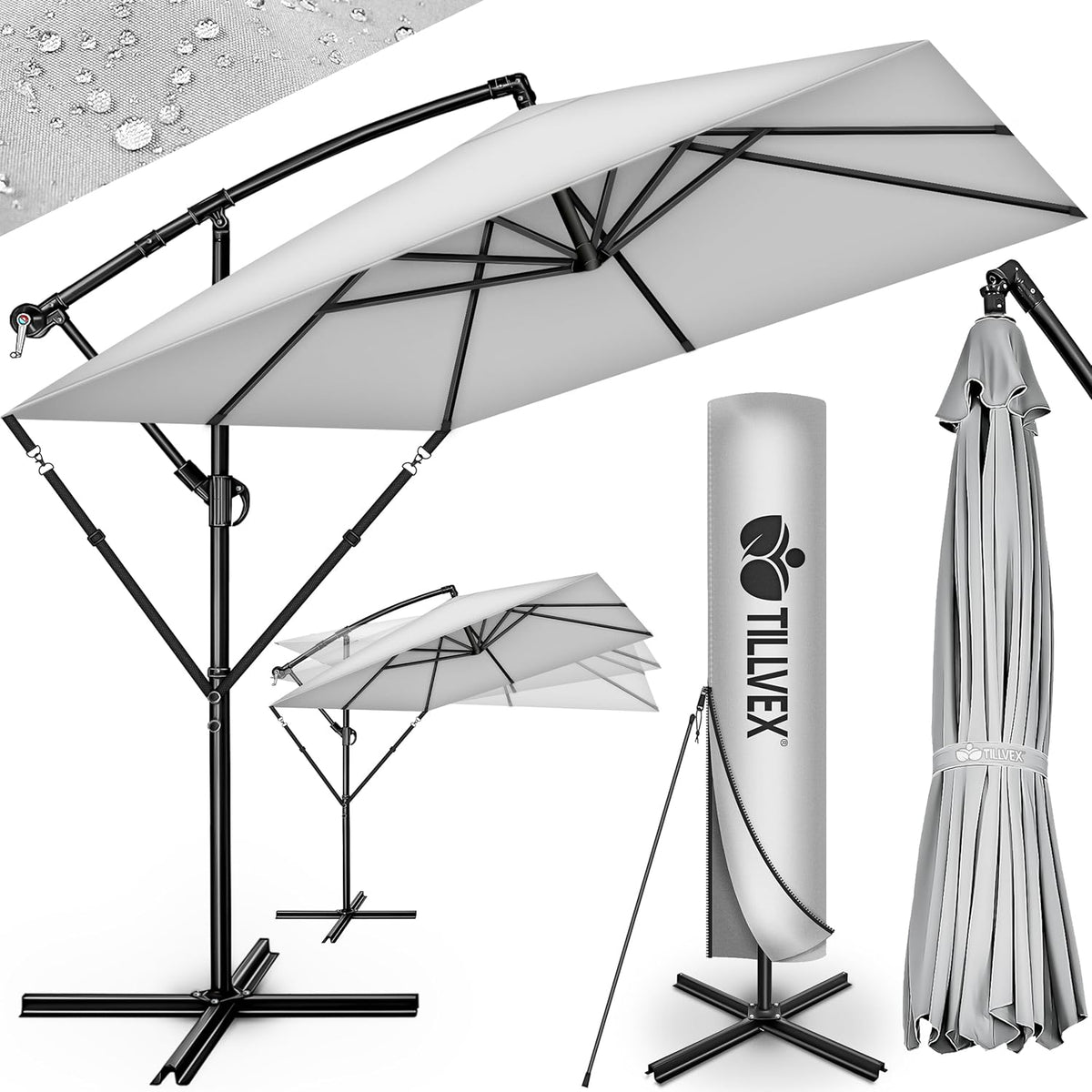 tillvex® Aluminium parasol, rechthoekig, diameter 330 cm, + afdekking met zwengel, rechthoekig, met standaard en windbescherming, tuinparasol, uv-bescherming aluminium, zwengelparasol, marktparasol, grijs