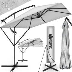 tillvex® Aluminium parasol, rechthoekig, diameter 330 cm, + afdekking met zwengel, rechthoekig, met standaard en windbescherming, tuinparasol, uv-bescherming aluminium, zwengelparasol, marktparasol, grijs