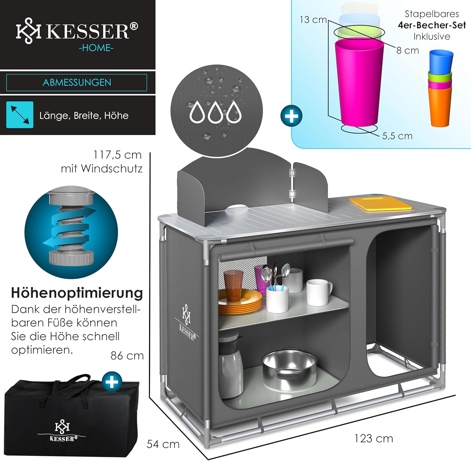 KESSER® Campingkeuken, incl. draagtas en bekerset, campingkast, vouwkast, met aluminium frame, reiskeuken, keukenbox, tentkast, outdoor camping keuken, grijs, type F4
