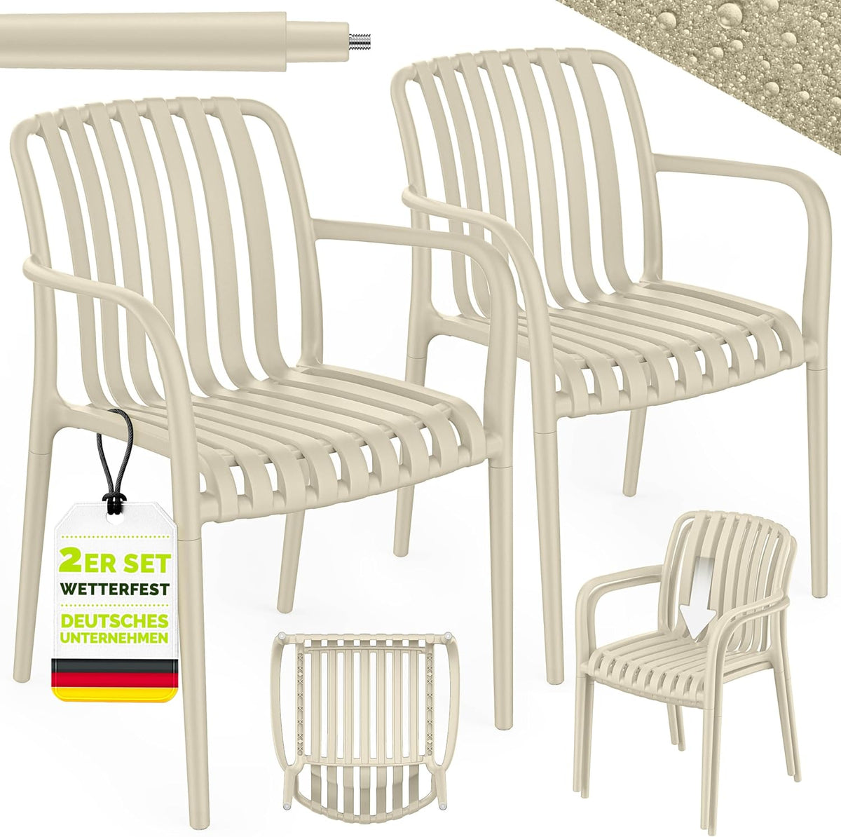 tillvex® Tuinstoelen, set van 2, stapelbaar, weerbestendig, met armleuning, tot 120 kg belastbaar, tuinstoelen, outdoor, terrasstoel, tuinmeubelen, balkon, tuin, terras, beige