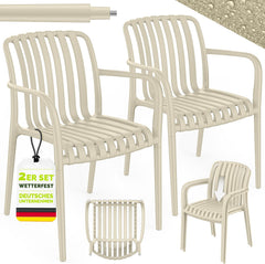 tillvex® Tuinstoelen, set van 2, stapelbaar, weerbestendig, met armleuning, tot 120 kg belastbaar, tuinstoelen, outdoor, terrasstoel, tuinmeubelen, balkon, tuin, terras, beige