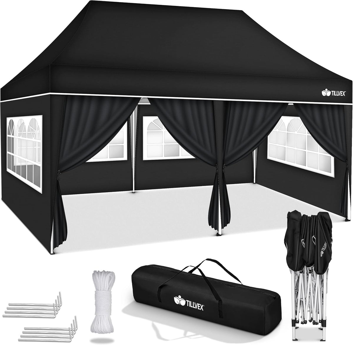 tillvex Paviljoen, 3 x 6 m, waterdicht, pop-up vouwpaviljoen, in hoogte verstelbaar, tuintent, uv-bescherming 50+, partytent met tas voor de tuin, zwart, met 6 zijdelen