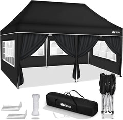 tillvex Paviljoen, 3 x 6 m, waterdicht, pop-up vouwpaviljoen, in hoogte verstelbaar, tuintent, uv-bescherming 50+, partytent met tas voor de tuin, zwart, met 6 zijdelen