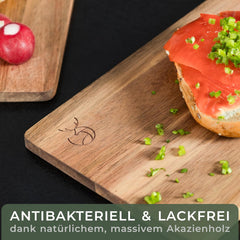 WALDWERK Ontbijtplankjes van massief acaciahout, 5-delige set (23 x 16 x 1 cm), ontbijtplankjes van hout met standaard, 5 snijplanken van hout, perfect voor ontbijt •
