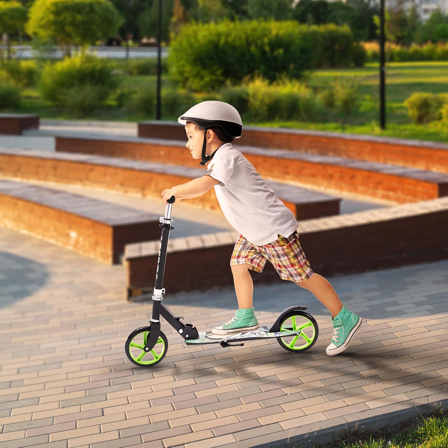 Arebos Cityroller groene scooter in hoogte verstelbaar | inklapbaar | incl. draagriem | XXL wielen | traprem | voor kinderen en volwassenen | tot 100 kg belastbaar | kickscooter | kickscooter