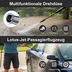 LANCHEZ Hogedrukreiniger 145 bar, debiet 420 l/u, met slanghaspel, 4 snelaansluitsproeiers, toevoerslang en filter en schuimmondstuk voor auto, terras