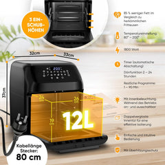 Stillstern Heteluchtfriteuse, XXL, 12 liter, met led-touchscreen, receptenboek in het Duits, 12 programma's, voorverwarmen en warm houden, 1800 W, heteluchtfriteuse, AirFryer XXL, zonder olie, drogen