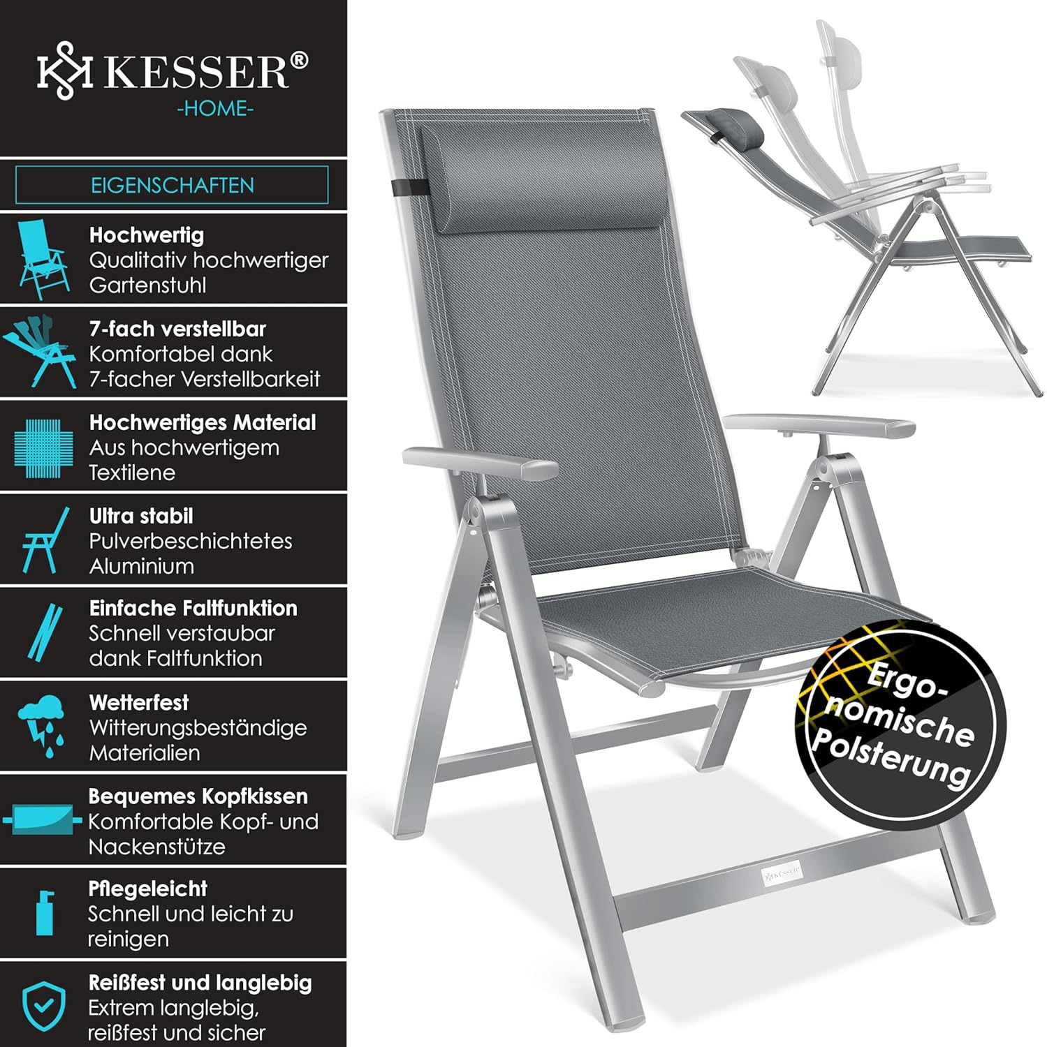 KESSER® Tuinstoel met hoge rugleuning met armleuningen, aluminium klapstoel met hoofdkussen en afdekking, campingstoel, 7-voudig verstelbare rugleuning, ademend en weerbestendig