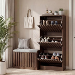 UEV Schoenenkast met 3 kleppen hout, schoenenrek smal, met kantelbeveiliging en verstelbare scheidingswanden (donkerbruin)