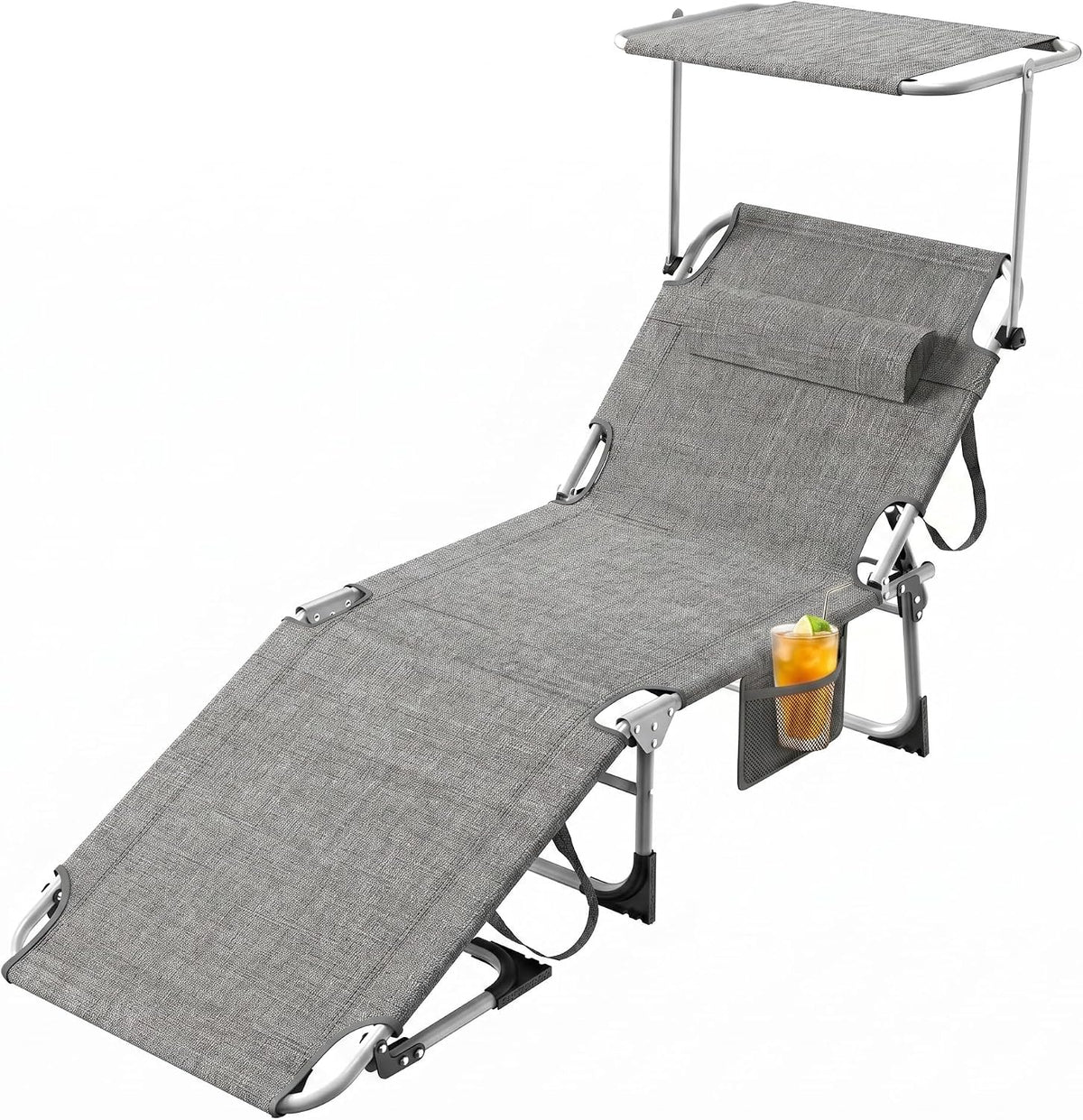 Ligstoel inklapbaar met dak, tuinligstoel 194 x 67,5 x 29 cm, ligstoel met verstelbare rugleuning en hoofdkussen, opvouwbare campingligstoel voor strand, zwembad, tuin, tot 120 kg, linnen