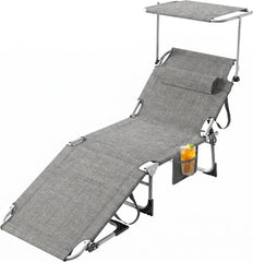Ligstoel inklapbaar met dak, tuinligstoel 194 x 67,5 x 29 cm, ligstoel met verstelbare rugleuning en hoofdkussen, opvouwbare campingligstoel voor strand, zwembad, tuin, tot 120 kg, linnen