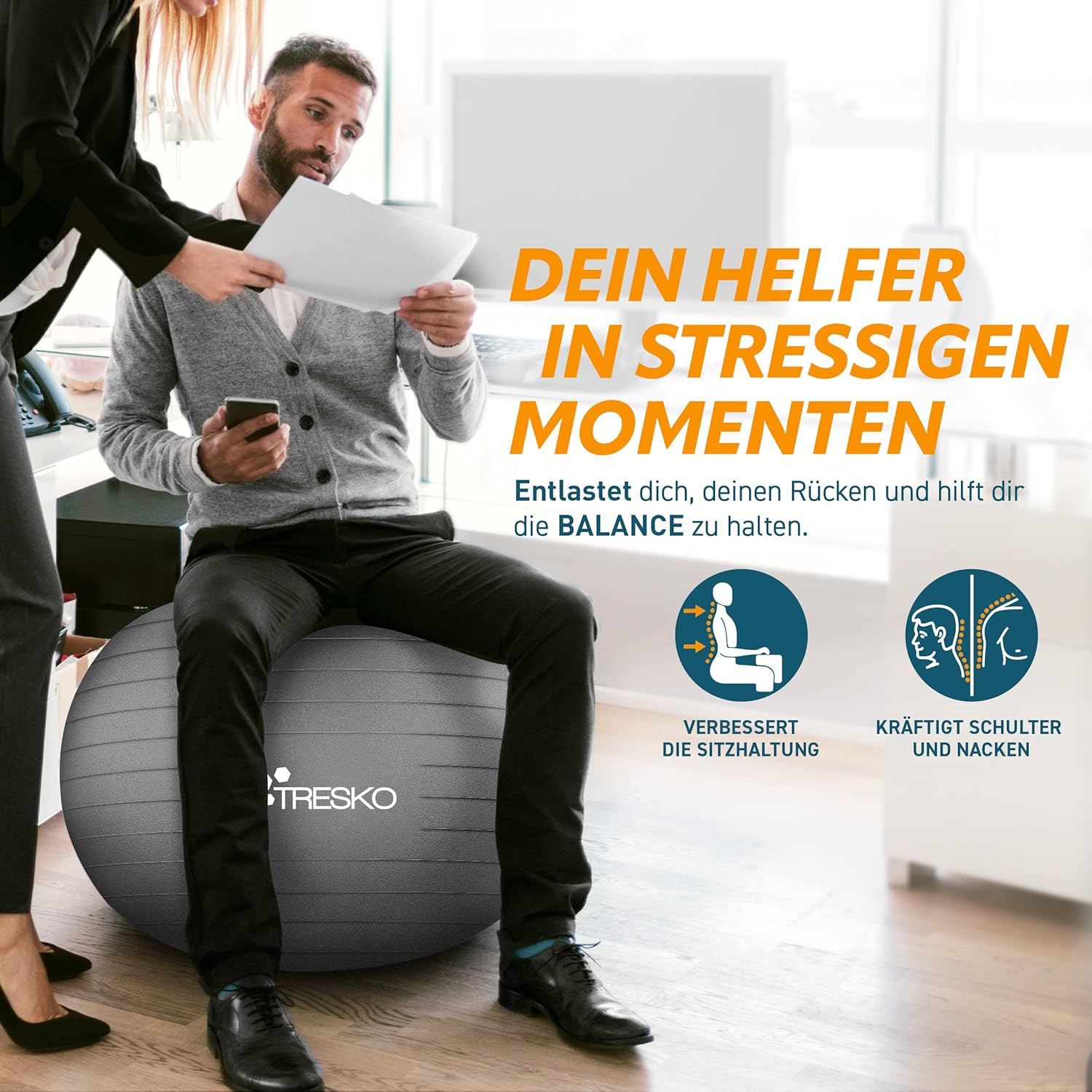 Tresko Gymnastiekbal met gratis oefenposter, inclusief luchtpomp, BPA-vrij,75 cm , zitbal, yogabal, ontploft niet (belastbaarheid 300 kg), voor fitness, yoga, Pilates