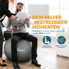 Tresko Gymnastiekbal met gratis oefenposter, inclusief luchtpomp, BPA-vrij,75 cm , zitbal, yogabal, ontploft niet (belastbaarheid 300 kg), voor fitness, yoga, Pilates