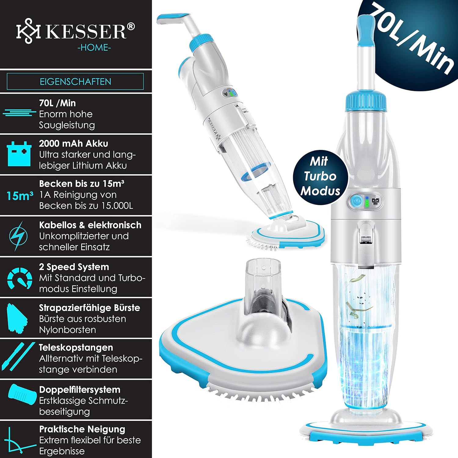 Zwembad stofzuiger - Zwembadstofzuiger - Zwembadreiniger - Blauw - KESSER®