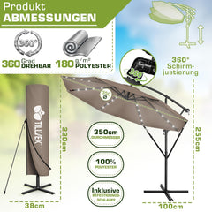 tillvex Aluminium zweefparasol + afdekking, led zonne-energie, Ø 300 cm, met zwengel, afdekking + standaard, parasol met windscherm, tuinparasol, uv-bescherming aluminium, zwengelparasol, marktparasol •