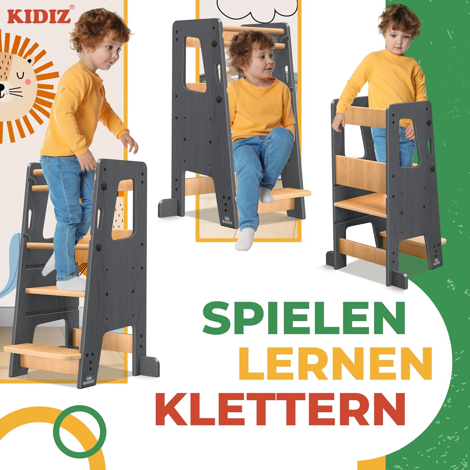 KIDIZ® Leertoren voor kinderen vanaf 1 jaar, incl. leerklok | 3-traps in hoogte verstelbare opstapkruk van grenenhout | speelse motorische vaardigheden bevorderen Montessori leertoren tot 50 kg