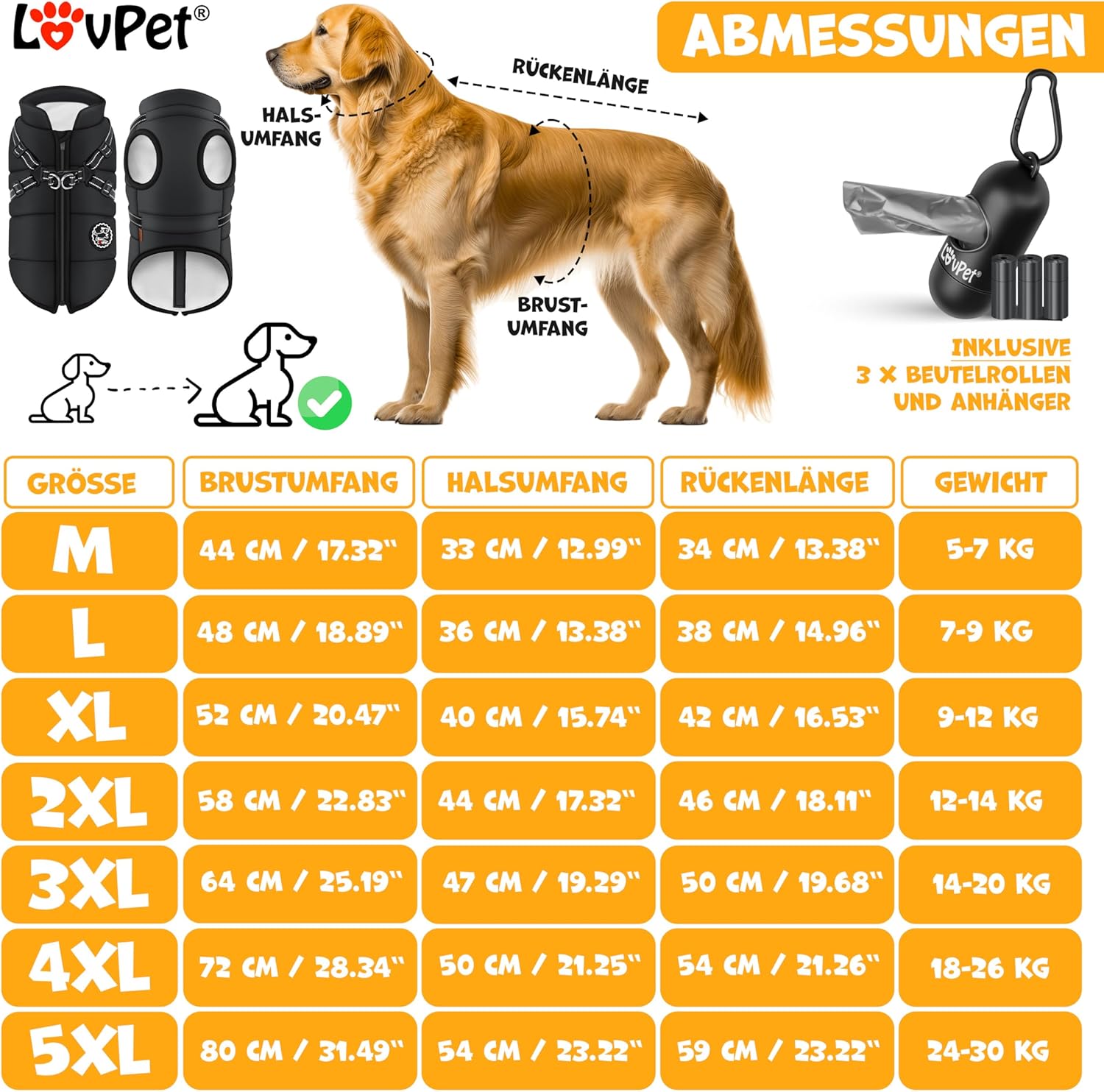 LOVPET® Hondenjas, hondenjas met harnas, incl. 45 stuks poepzakken + dispenser, gevoerd wintervest, waterdicht, gevoerd vest met borstriem, reflectoren, D-ring 2XL, zwart