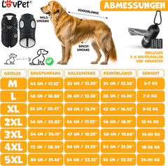 LOVPET® Hondenjas, hondenjas met harnas, incl. 45 stuks poepzakken + dispenser, gevoerd wintervest, waterdicht, gevoerd vest met borstriem, reflectoren, D-ring 2XL, zwart