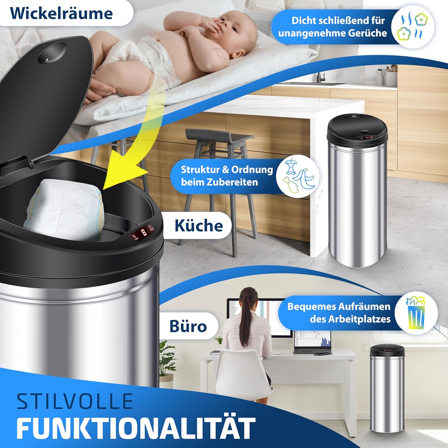 Kesser Afvalemmer, opent en sluit middels een sensor automatisch, roestvrij staal, 56 liter, zilver