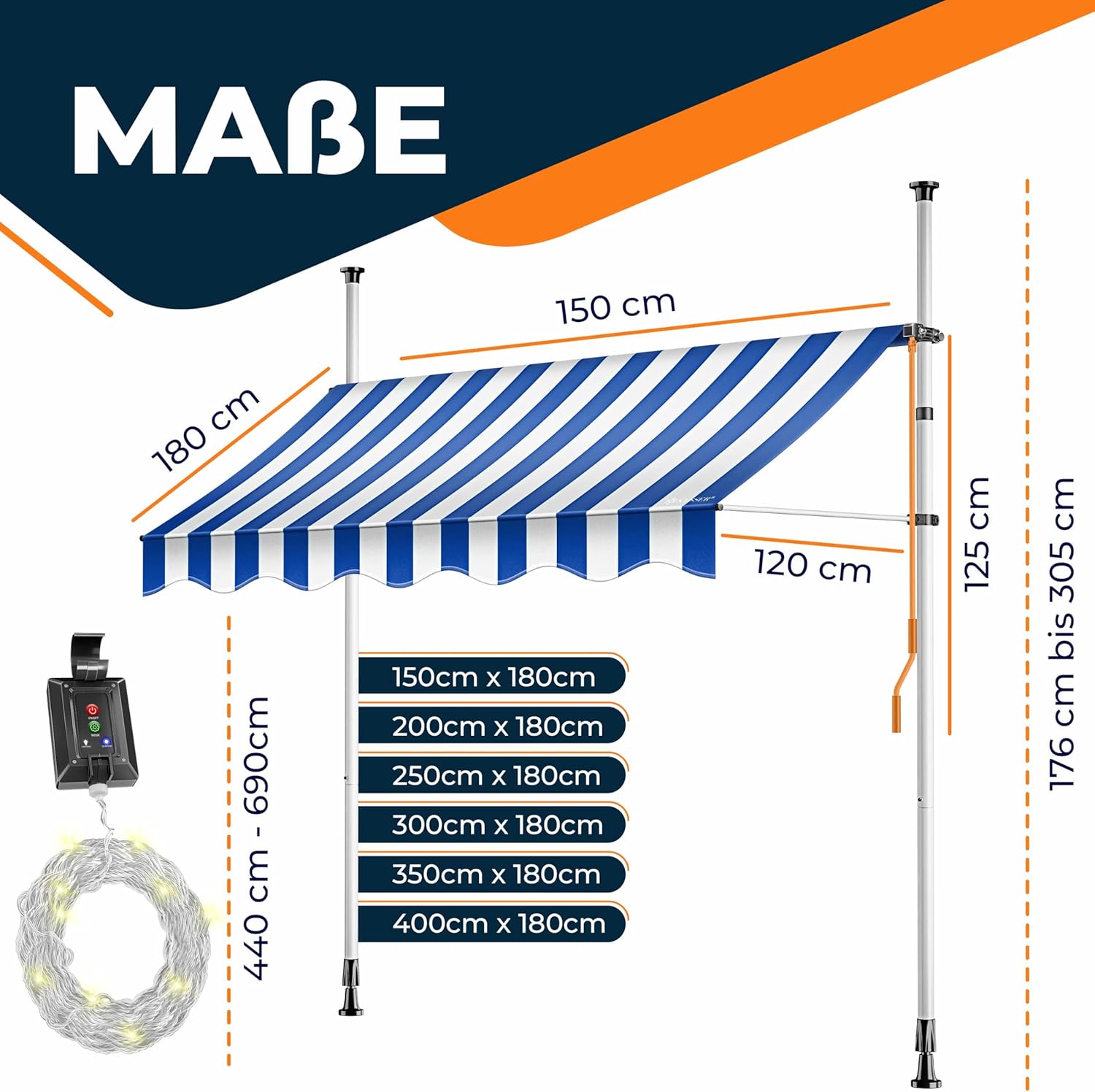 KESSER® Klemluifel met handslinger en led-lichtsnoer, balkonluifel zonder boren, luifel uv-bestendig, in hoogte verstelbaar en waterafstotend, zonwering voor balkon, terras en tuin, 200 cm