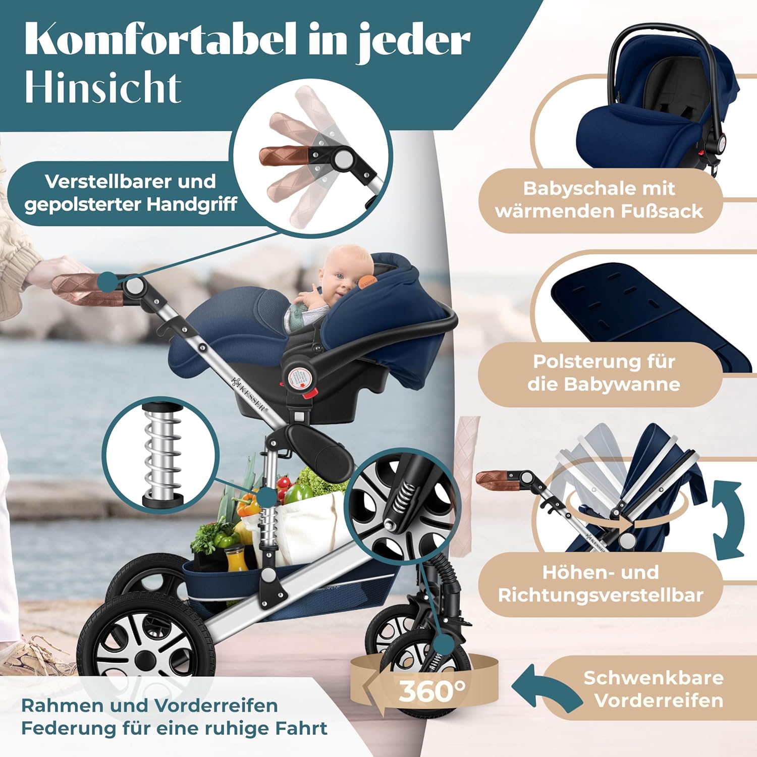 Kinderwagen 3 in 1 - Buggy - Wandelwagen - Kinderbuggy - Blauw - KESSER®