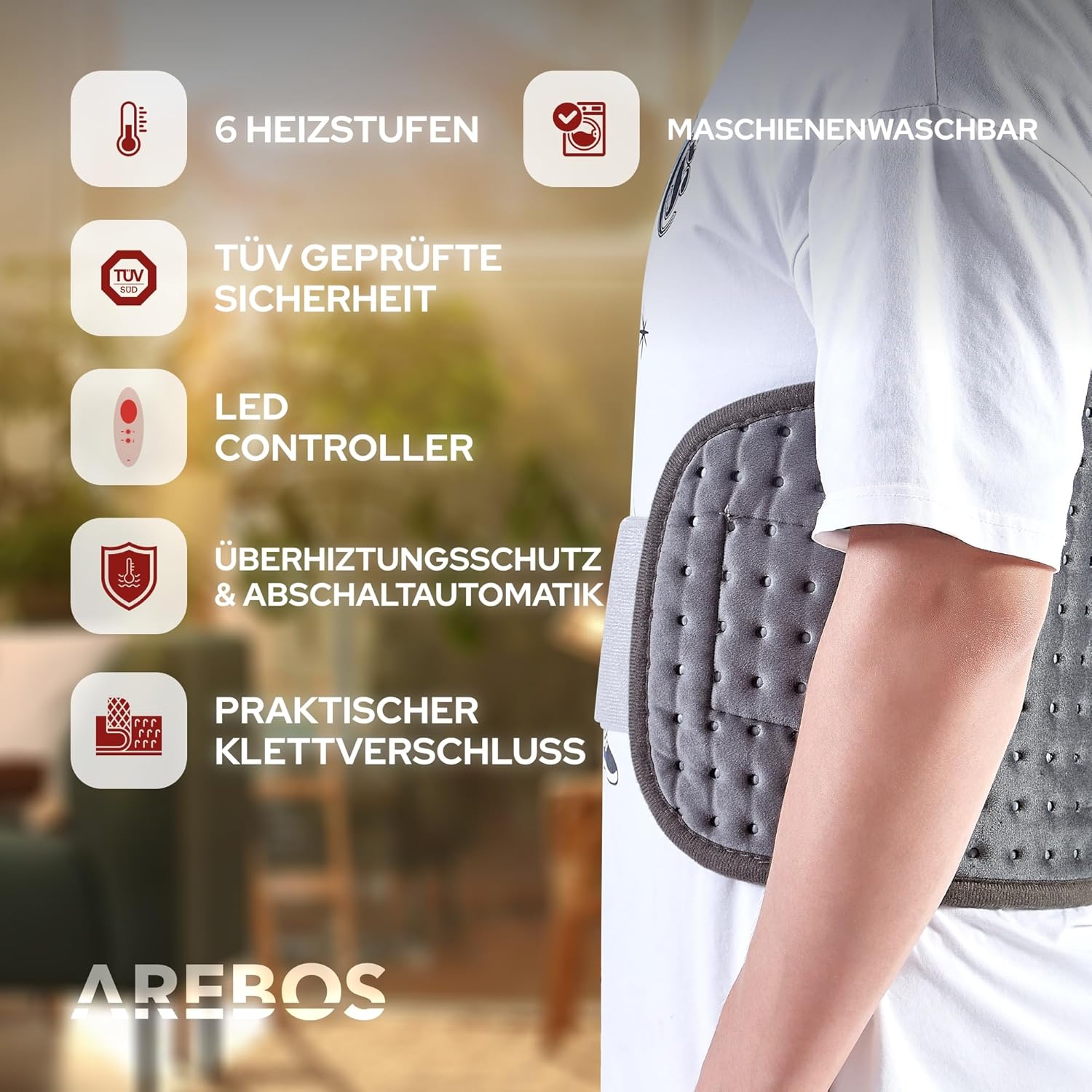 Arebos Elektrische verwarmingsgordel voor rug en buik, elektrisch verwarmingskussen met 6 temperatuurstanden en automatische uitschakeling, warmtegordel met verstelbare band en klittenbandsluiting,
