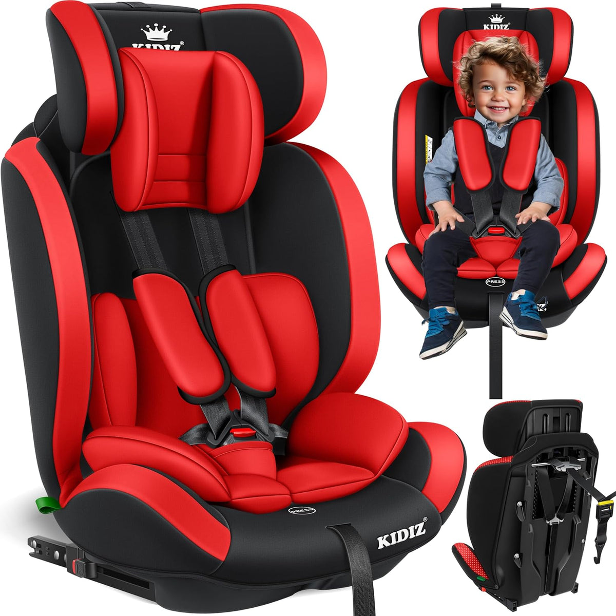 KIDIZ® Autokinderzitje met Isofix, groep 1 + 2 + 3, 9-36 kg, 5-punts veiligheidsgordel, autostoel, kinderzitje, verstelbare hoofdsteun, meegroeiende zitverhoging, 1-12 jaar, stabiel en veilig