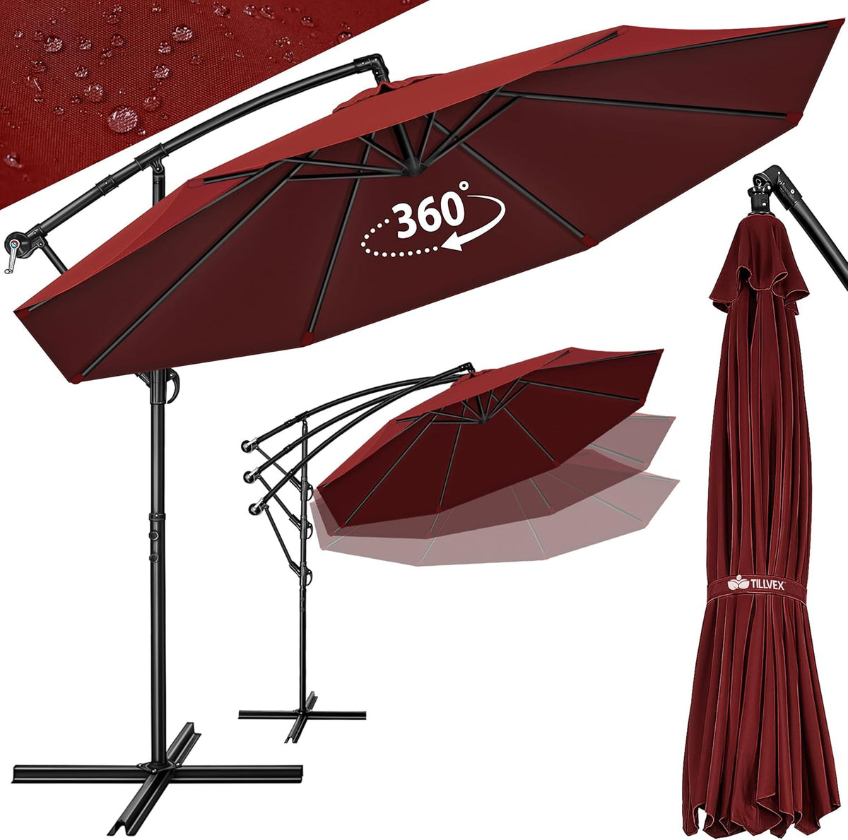 Zweefparasol - Tuinparasol - Parasol 350 cm - Met voet - Met Parasolhoes - Rood - Tillvex