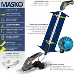 MASKO® Grasschaar struikschaar set met accu 7,2 V 2000 mA/h elektrische tuin heggenschaar gazon schaar incl. oplader, handschoenen grasmes, struikmes & steel telescoopstang 90-130 cm met wielen •