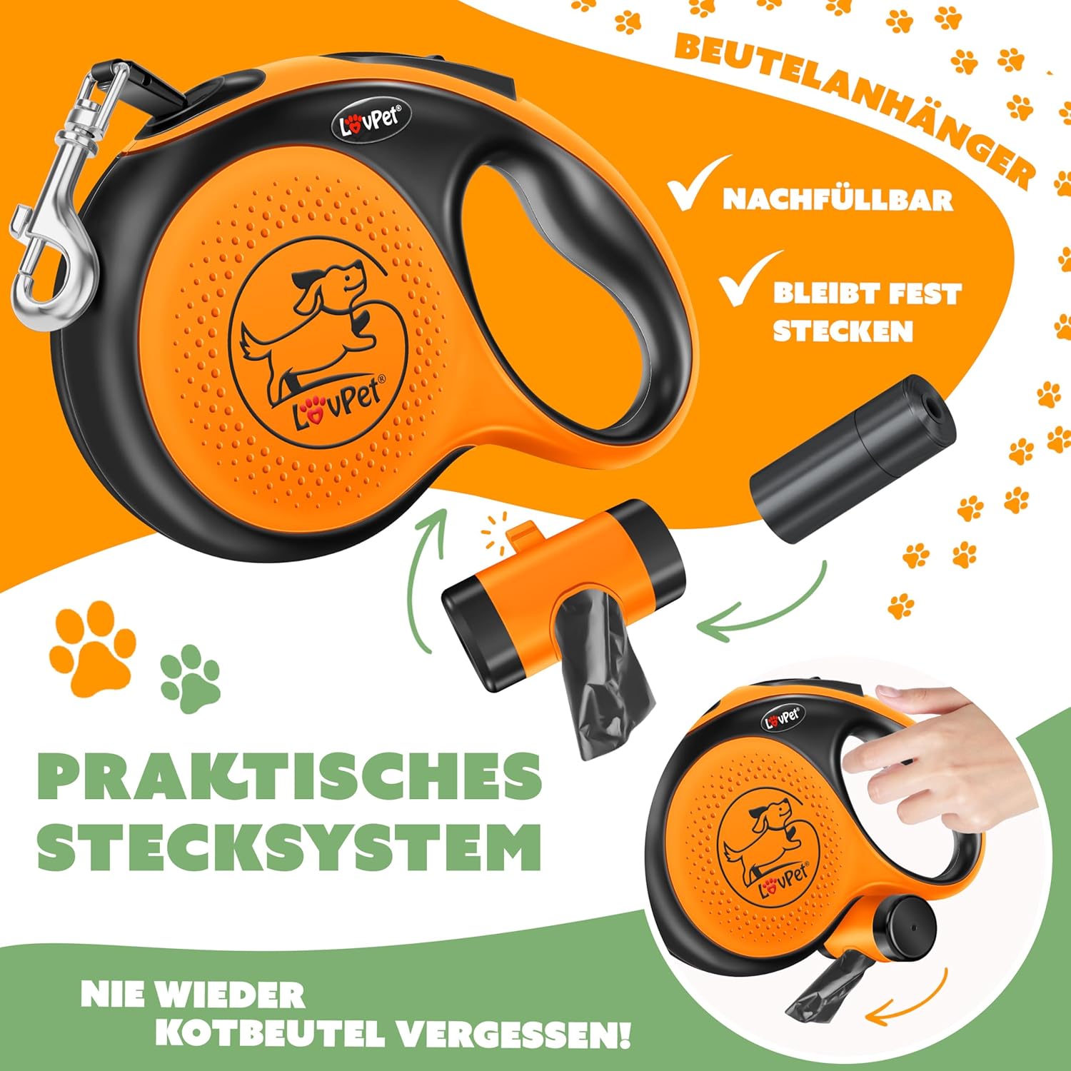 Lovpet® Hondenriem - Rollijn - 3 meter - Antislip - Oranje