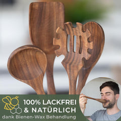 WALDWERK Keukenhulpset van teakhout - 4-delige kooklepelset met spatel, houten lepel, pastaschepper en houder - houten kooklepel - houten spatel - kookgerei set •
