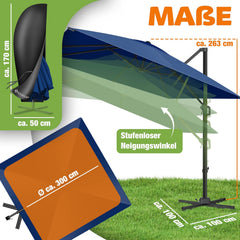 KESSER® Paraplu LED Zonneparaplu XL 300x300cm incl. deksel Windbescherming Draaibaar Kantelbaar Marktparaplu Grote 360° Draaibare Tuinparaplu met Draaibare Zonnekap, Navy Blauw