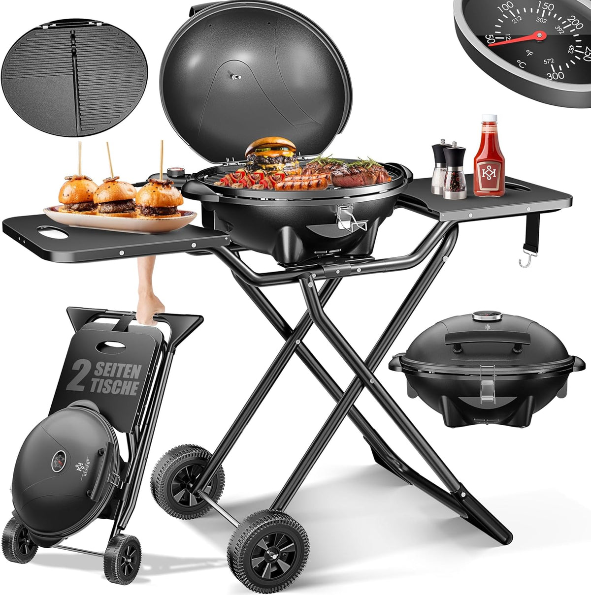 Kesser Tafelbarbecue, elektrisch, 2-in-1, met deksel en voet, max. 2400 watt, inklapbaar, thermometer, antiaanbaklaag, grillplaat en tafelblad, 2 wielen, zwart, zwart