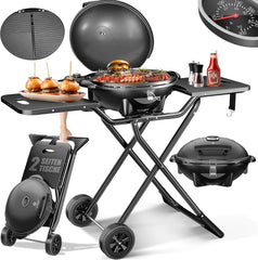 Kesser Tafelbarbecue, elektrisch, 2-in-1, met deksel en voet, max. 2400 watt, inklapbaar, thermometer, antiaanbaklaag, grillplaat en tafelblad, 2 wielen, zwart, zwart
