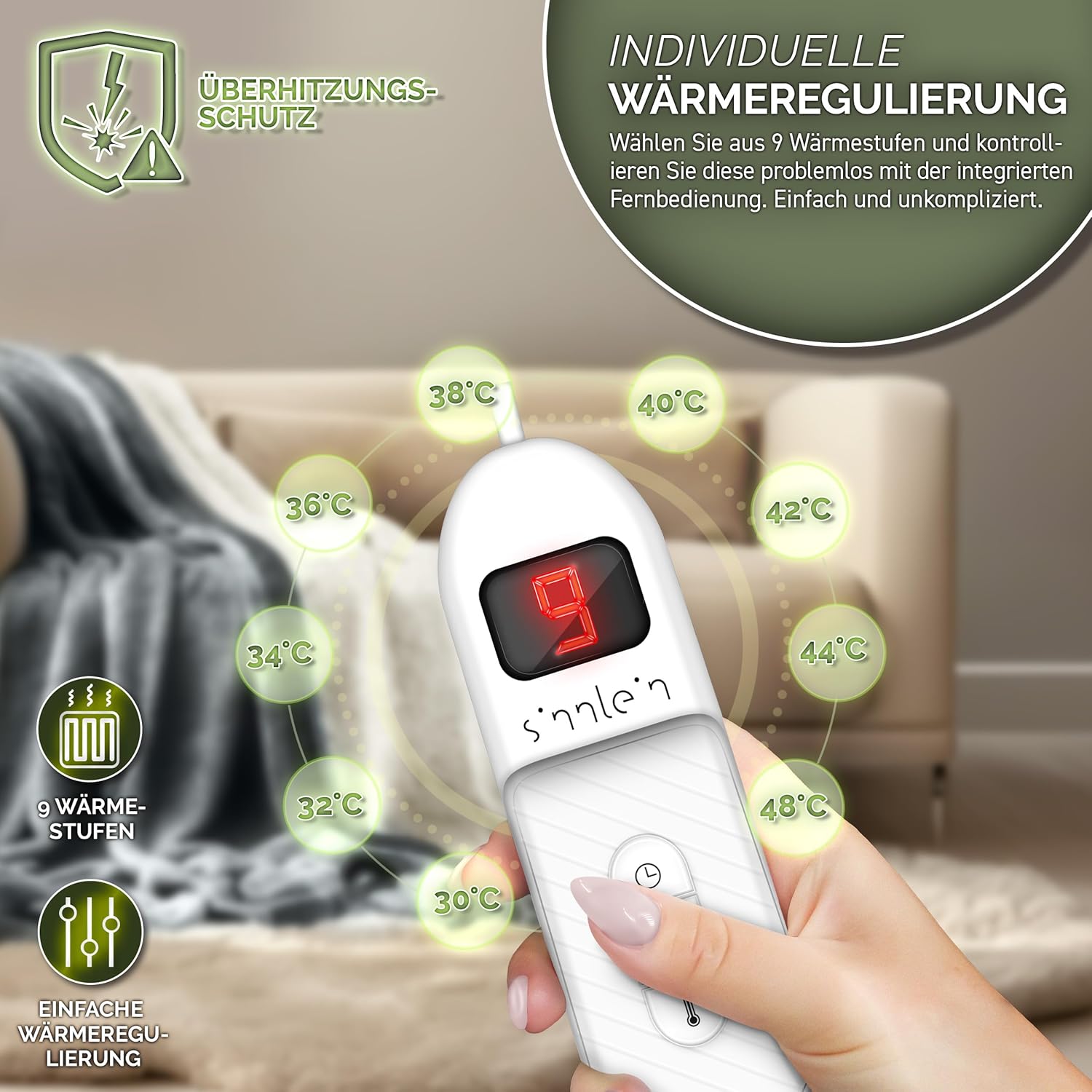 sinnlein® Elektrische deken met automatische uitschakeling, 180 x 130 cm, TÜV SÜD GS-getest, elektrische warmtedeken met 9 temperatuurniveaus, knuffeldeken, wasbaar, bed, bank, elektrische deken, met