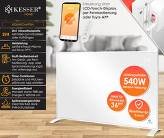 KESSER® Infraroodverwarming, energiebesparend, infrarood staand apparaat en wandmontage, elektrische verwarming, 540 W, met afstandsbediening, thermostaat en app-bediening, elektrisch