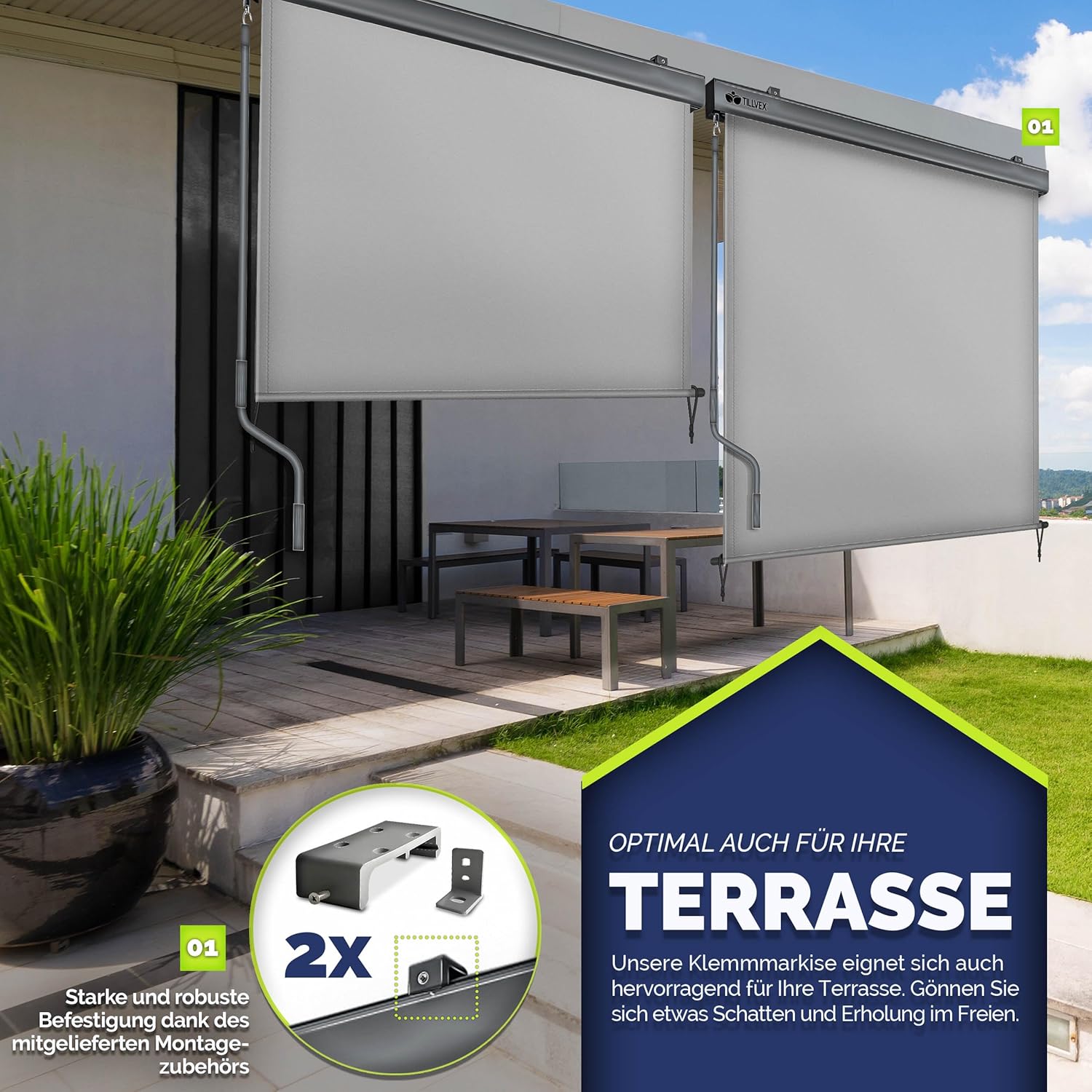 tillvex® Verticale zonwering, 200 x 250 cm, voor buiten en binnen, buitenrolgordijn, waterdicht, met handslinger, voor balkon, terras en tuin, balkonrolgordijn, zonwering van aluminium, rolgordijn met