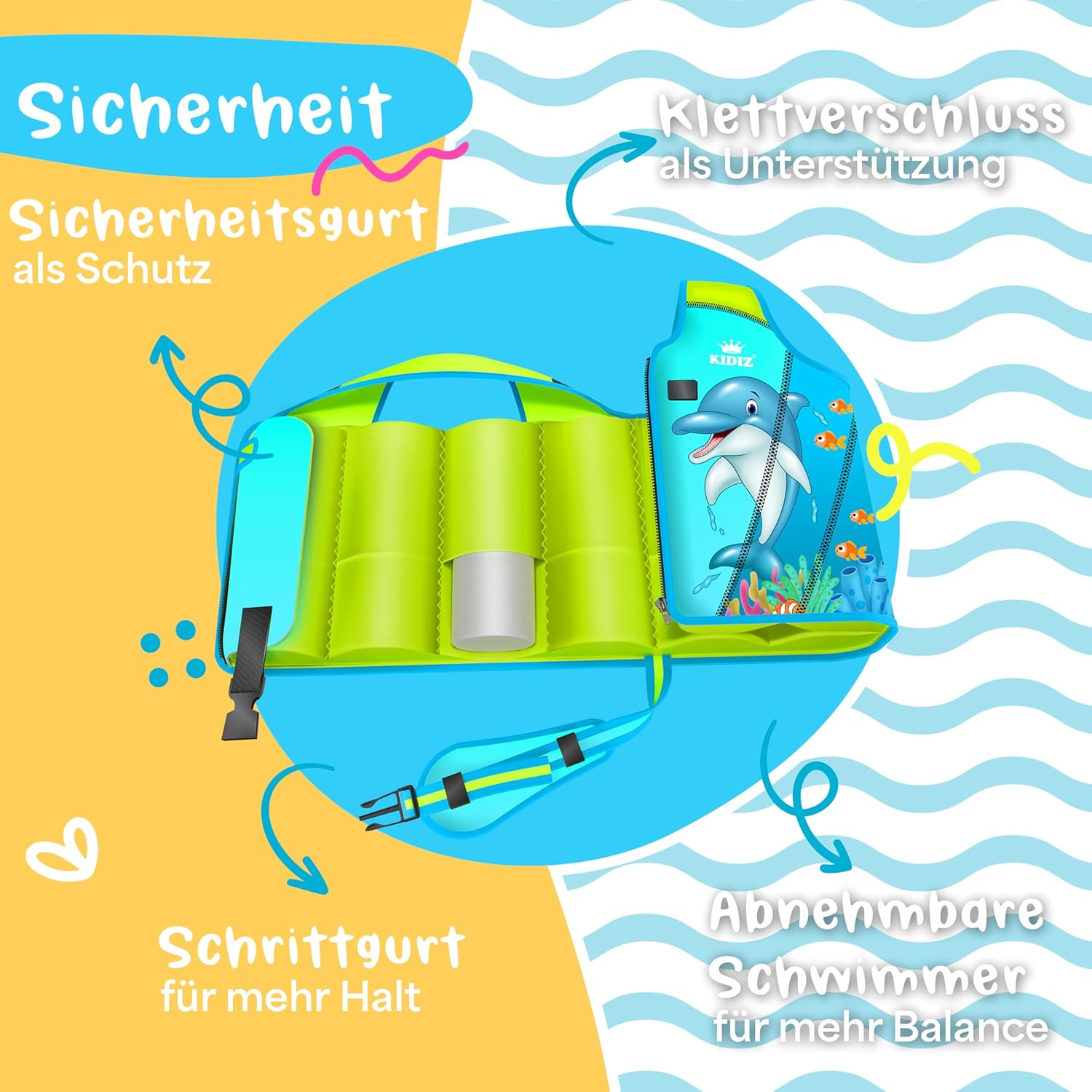 KIDIZ® Zwemvest voor kinderen, maat L, 5-9 jaar, zwemhulp voor jongens en meisjes, zwemvest voor baby's en peuters, zwemvest met klittenbandsluiting, zwemvest van neopreen met waterpistool,