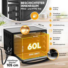 Stillstern CYCLONE PRO+ Mini-oven met convectie 60L, pizza Ø40, CYCLONE PRO+ anti-aanbaklaag, ontdooien, 2-uurs timer, camping mini-oven hete lucht pizzaoven mini-oven kleine
