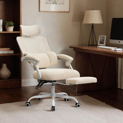 UEV Bureaustoel ergonomisch met voetensteun, Homeoffice stoel, beige, Draaistoel, bureaustoel, kantelbaar tot 135°, in hoogte verstelbaar, tot 150 kg belastbaar, ademende stof, voor werkkamer •