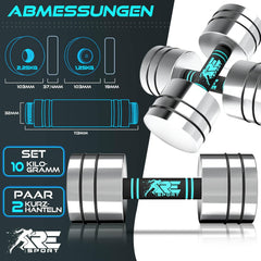 Dumbells set - Gewichten set - Halterset - Gietijzer - 2x10 kg - Zilver - RE:SPORT