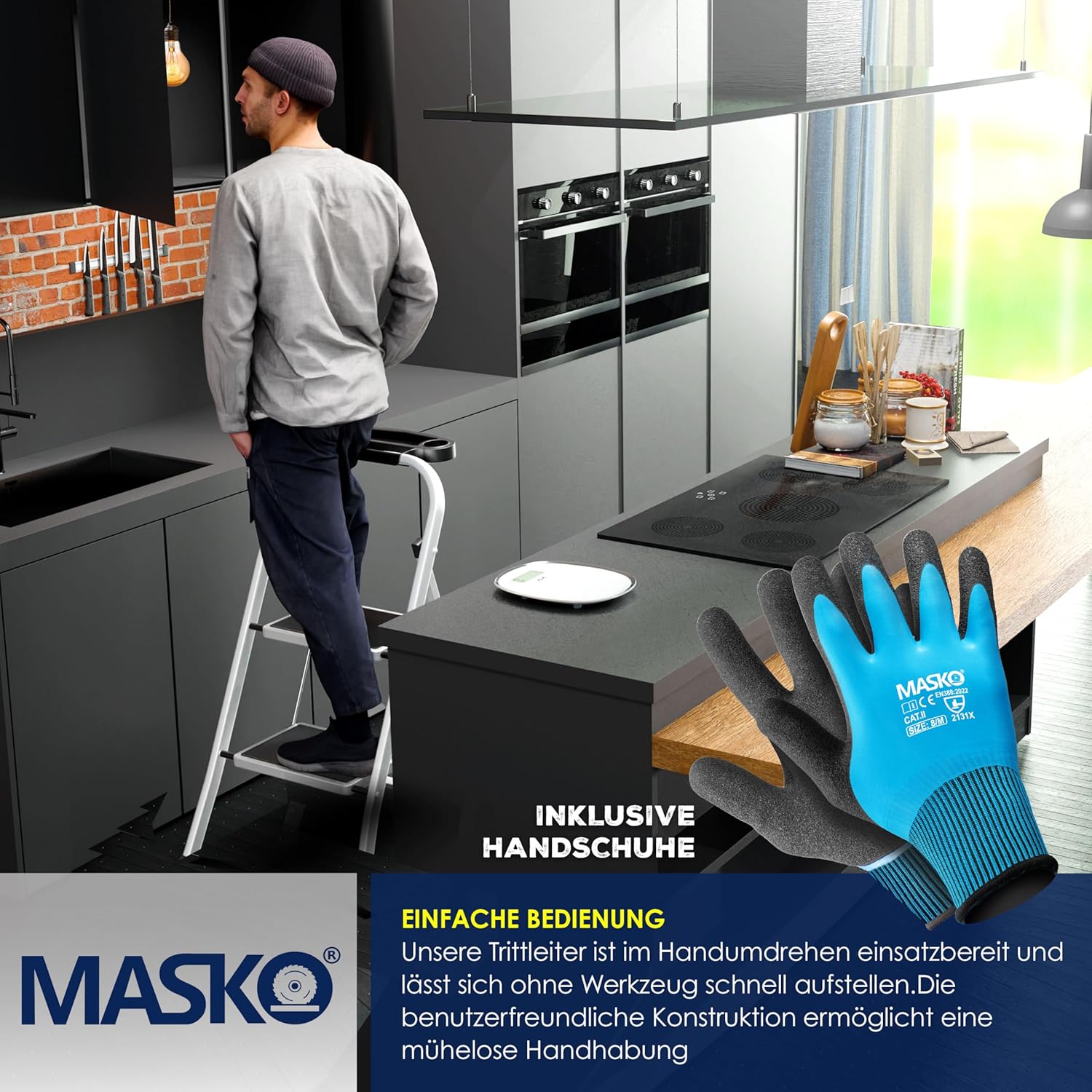MASKO® Trapladder, vouwladder met 2 treden, belastbaar tot 150 kg, antislip, incl. handschoenen, gereedschapshouder en automatisch slot, wit
