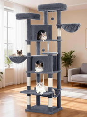 Krabpaal groot 175 cm, kattenboom XL, krabpaal voor grote katten, stabiel, met krabzuilen, 2 gezellige holletjes, 2 platforms, 2 manden, hangmat, voor binnen, donkergrijs, FPMS006FG2