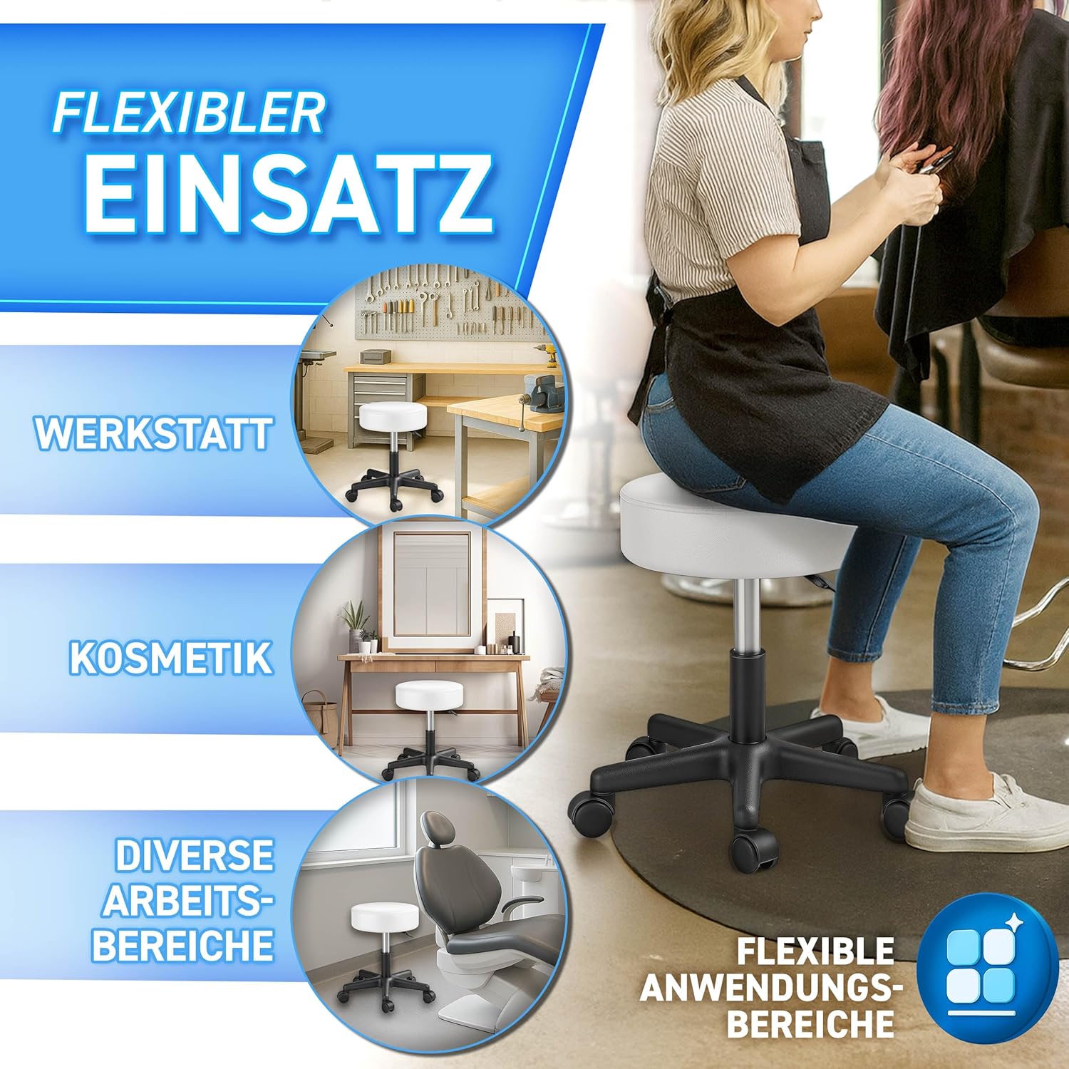 Tresko Draaikruk met wieltjes, kussen van 10 cm, 360 graden draaibaar, in hoogte verstelbaar, keuze uit 8 verschillende kleuren, voor schoonheidsspecialisten, dokters enz.