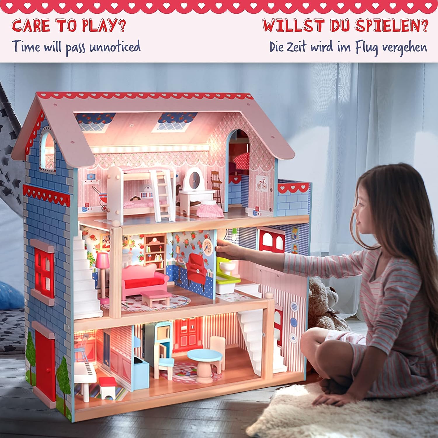 Houten XL Poppenhuis (60x70x30cm) - voor 13cm poppen - LED