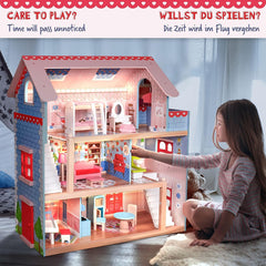 Houten XL Poppenhuis (60x70x30cm) - voor 13cm poppen - LED