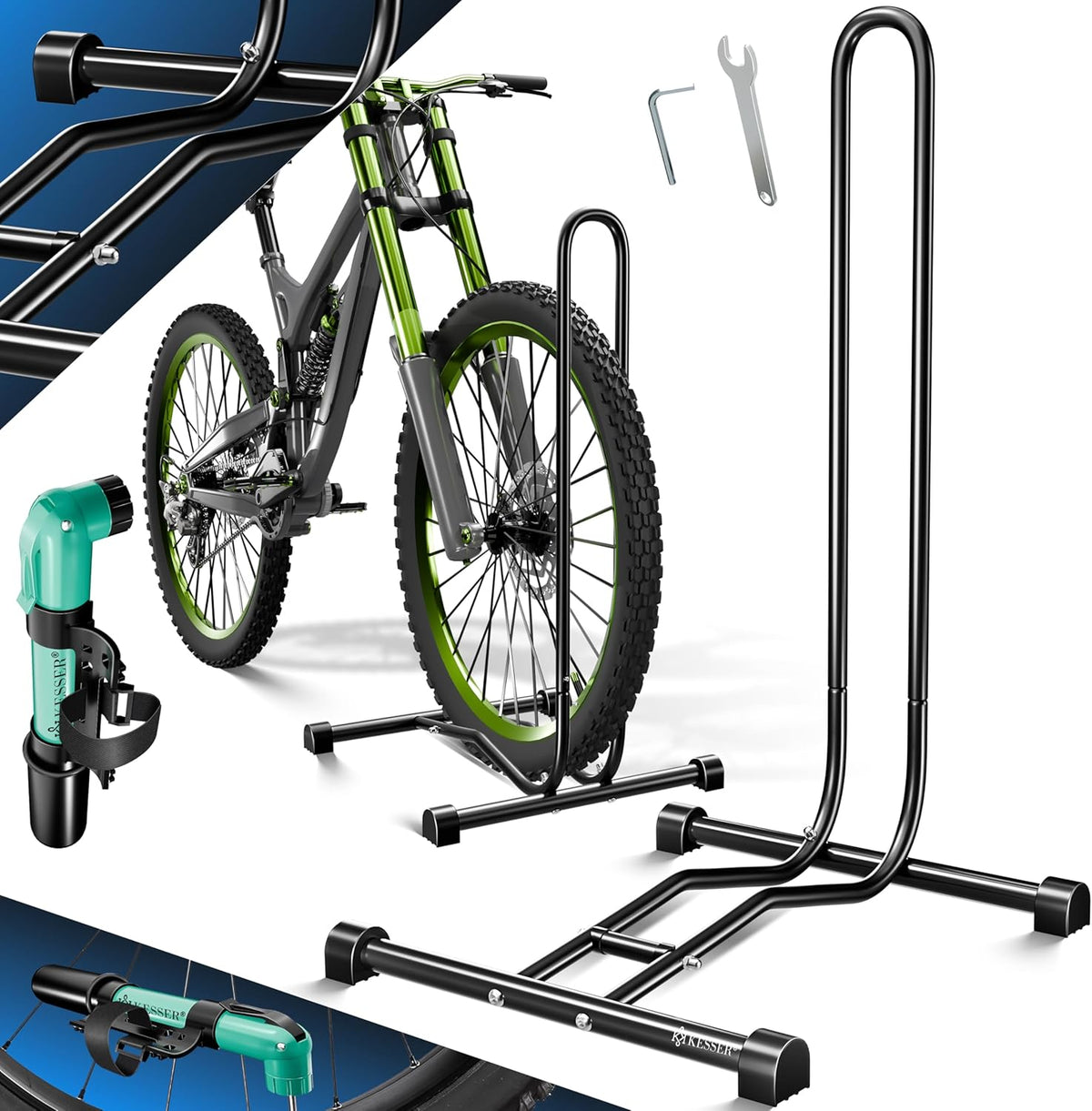 KESSER® Fietsstandaard grond afzonderlijk voor mountainbike, e-bike, stadsfiets, racefiets, MTB | fietsmontagestandaard | vrijstaande fietshouder standaard ijzer | bandbreedte tot 65 mm
