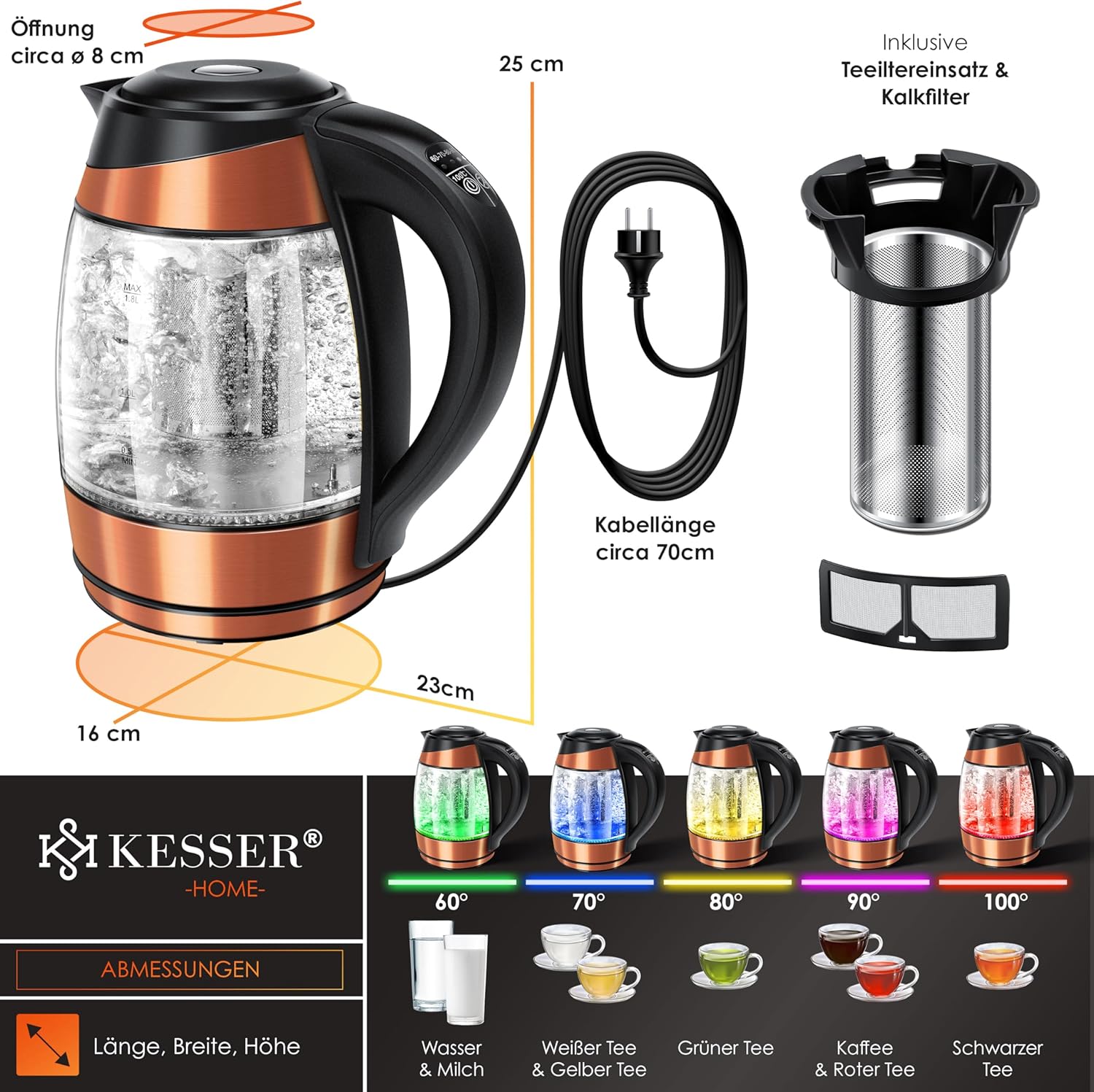 Waterkoker met temperatuurregeling - RVS - met LED - 1.8L - 2200W - Koper
