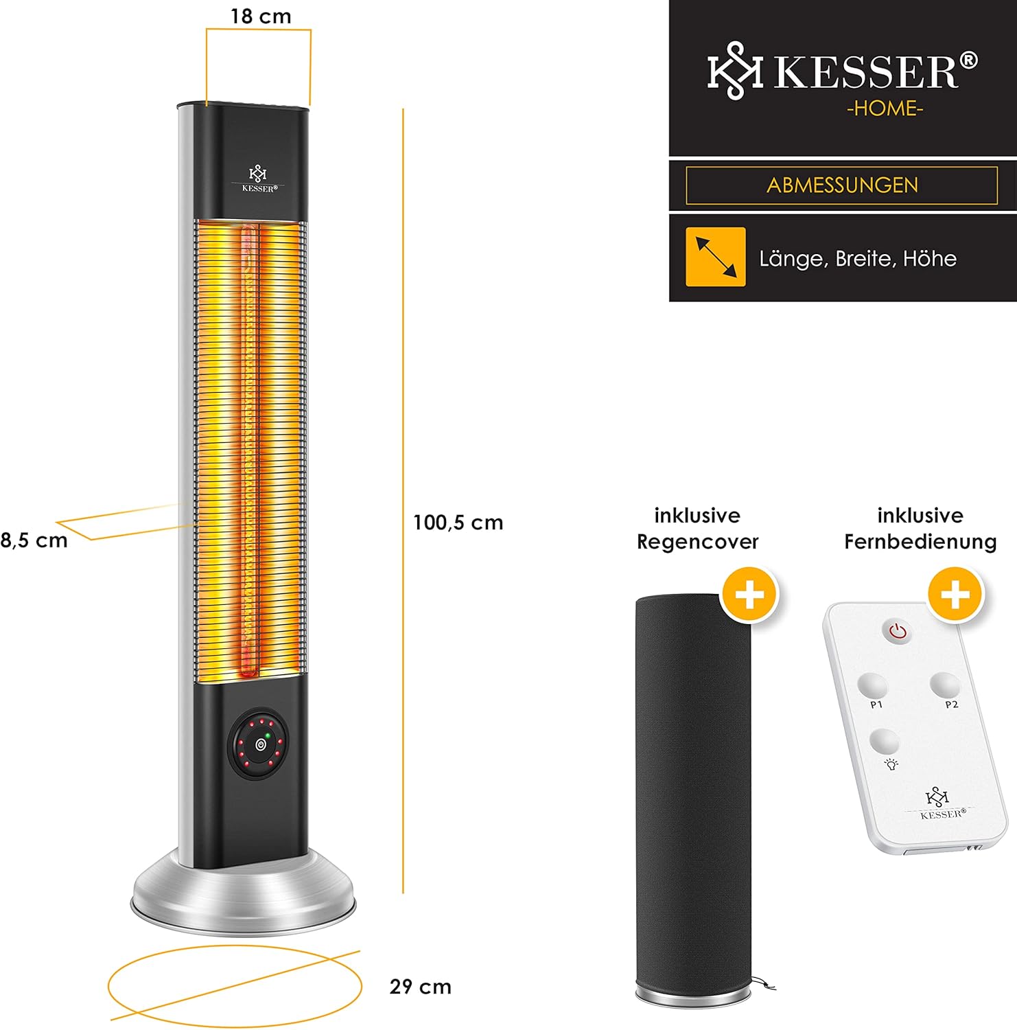 KESSER® Staande warmtestraler, infrarood staande warmtestraler, incl. beschermhoes, warmtestraler, terras, infraroodstraler, torenverwarming, 2000 W, terrasstraler, staande verwarming met