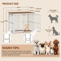 Fobyfurny Hondenbench Meubel, 80 cm Houten Hondenbench met 3 Deuren en Verstelbare Zijdeur, 80 x 60 x 70 cm, Eindtafel Voor Kleine tot Middelgrote Honden, Hondenbench Voor Binnen, Bruin en Wit